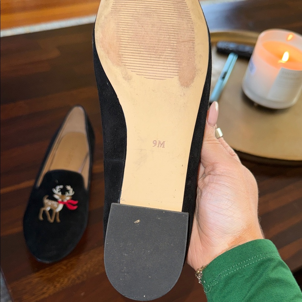 Talbots Black Velvet Loafers with Embroidered Reindeer and Red Scarf - Picture 2 of 4